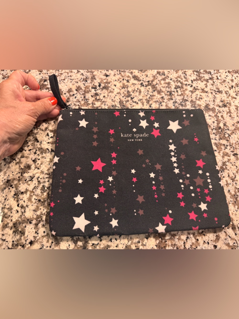 kate spade Black Star Print Cosmetic Pouch with Pink & White Stars
